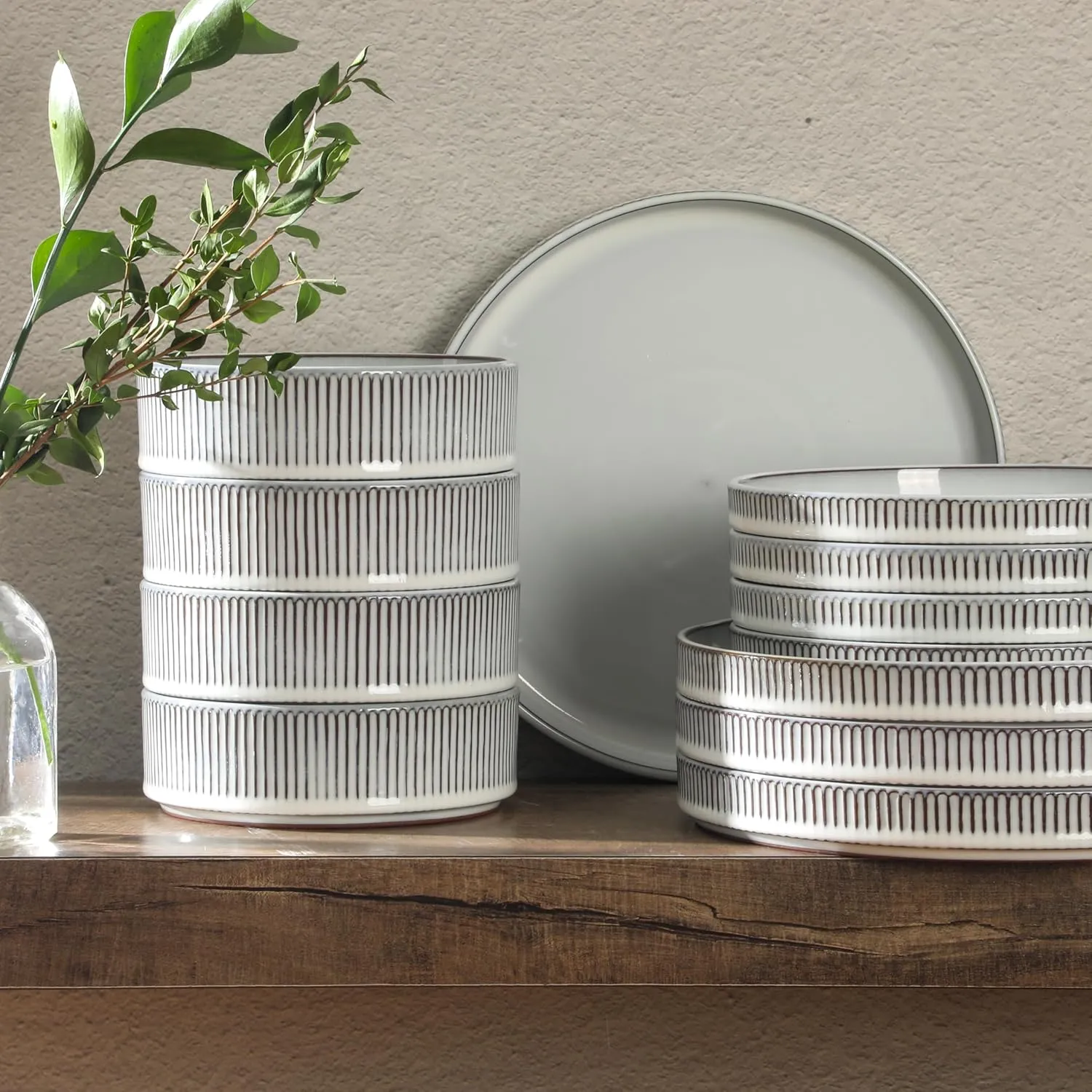 Gibson Elite 12 Piece (Service for 4) Townscape Plates and Bowls Reactive Glaze Embossed Round Dishes Terracotta Ceramic Dinnerware Set - Cream White
