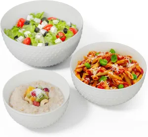 Gibson Elite 3-Piece Stoneware Mixing Bowl Set, 6.8", 8", 9.8" - Modern Stoneware Dishware, Dishwasher Safe & Microwave Safe - Space-Saving & Stackable Bowl Set for Cooking, Baking, Serving (White)