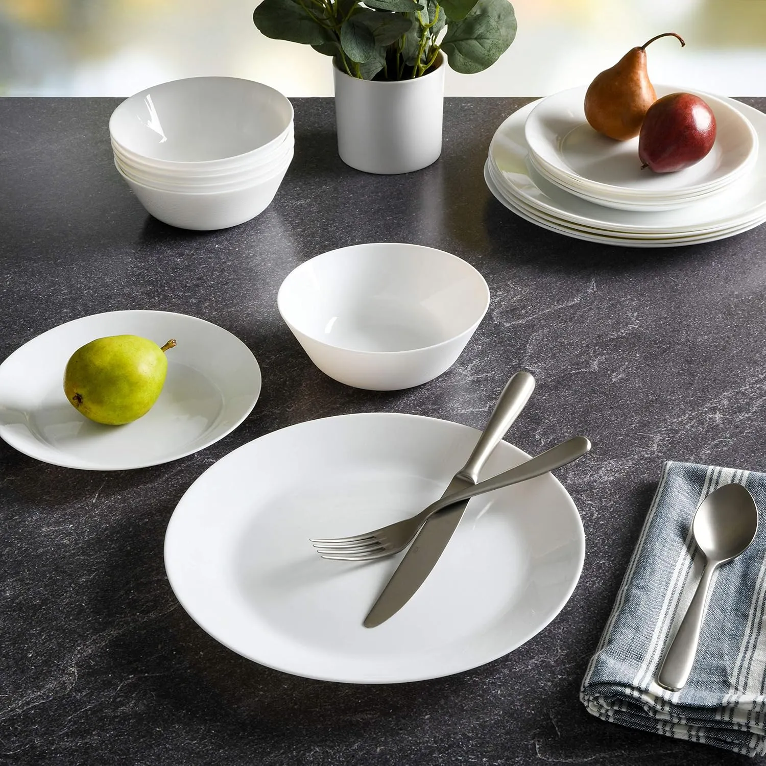 Gibson Home Ultra 18 Piece Break and Chip Resistant Dinnerware Plates and Bowls Set, Round: Service for 6, Opal Glass, White