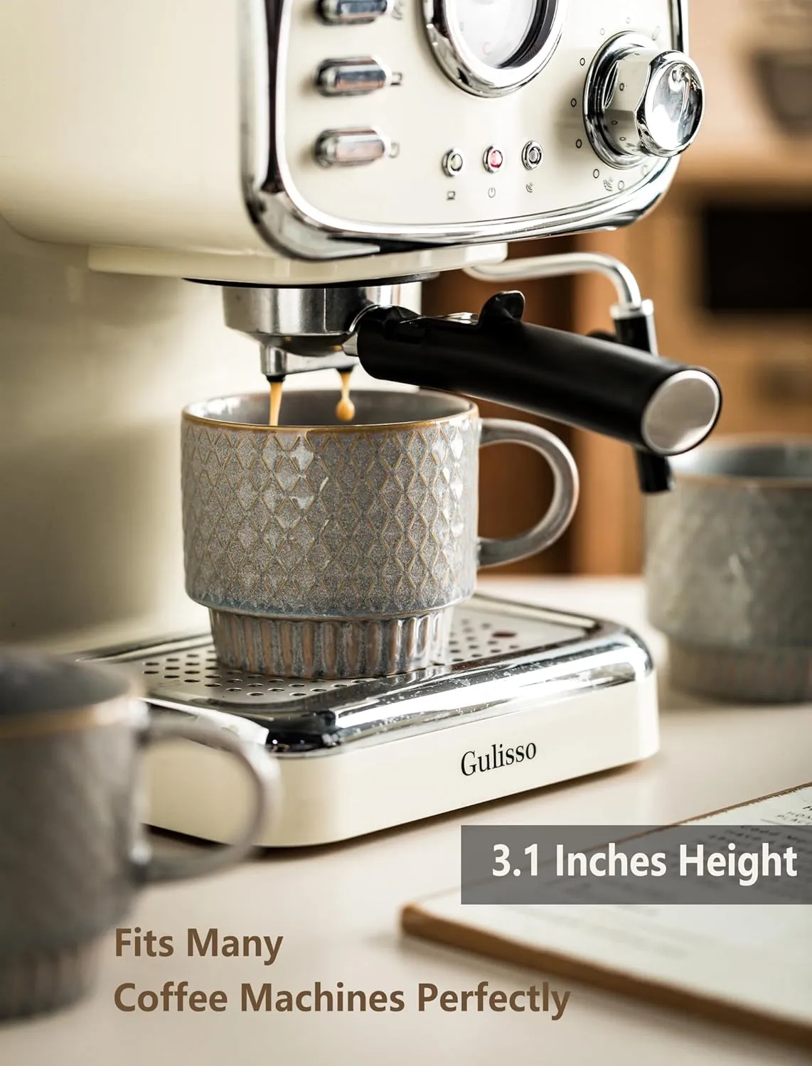 Gomakren Coffee Mugs Set of 4, 13 Ounce Stackable Coffee Mugs with Stand, Ceramic Coffee Cups with Spoon for Coffee, Espresso, Cappuccino, Latte, Cocoa, Tea and Milk, Light Gray
