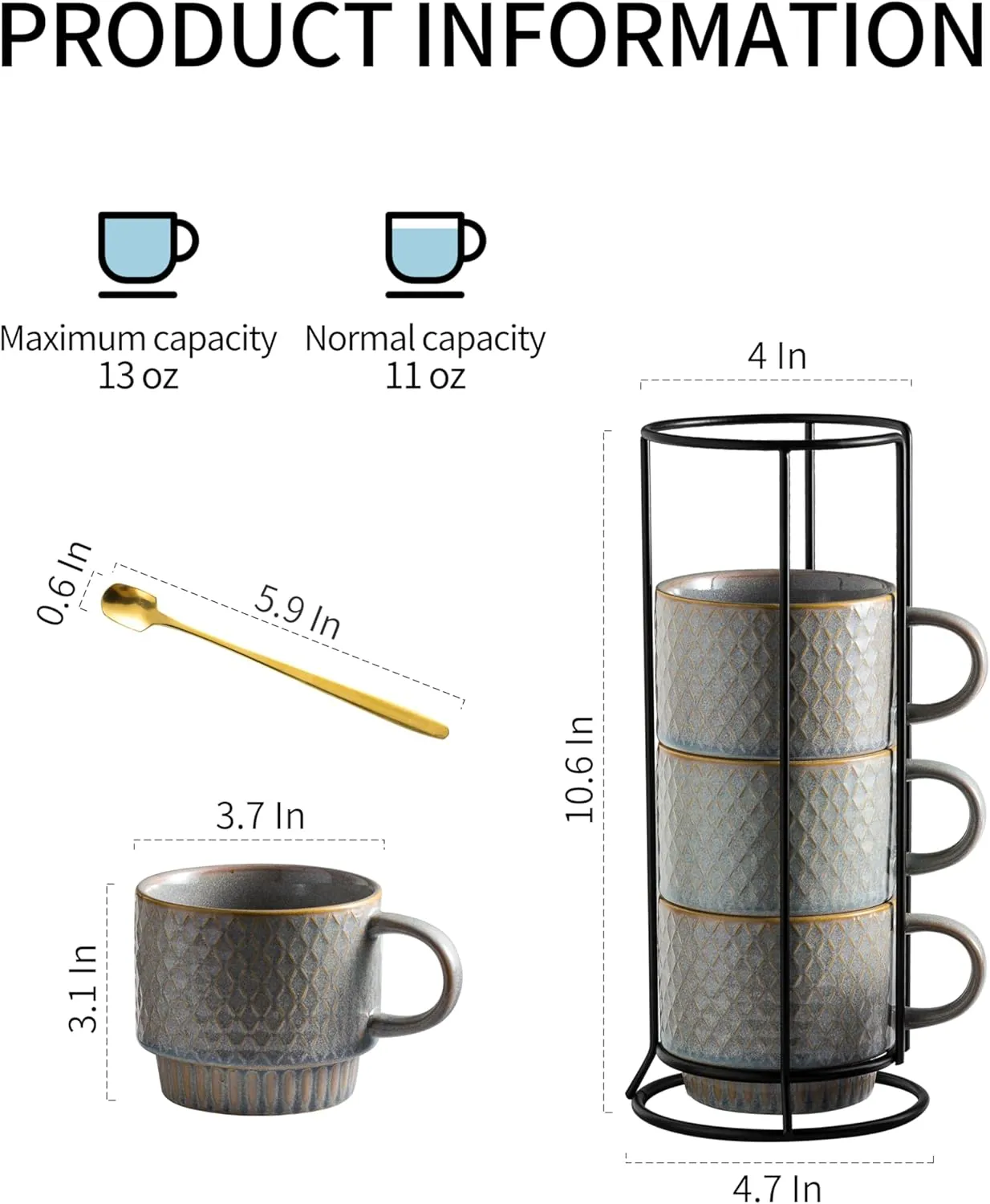 Gomakren Coffee Mugs Set of 4, 13 Ounce Stackable Coffee Mugs with Stand, Ceramic Coffee Cups with Spoon for Coffee, Espresso, Cappuccino, Latte, Cocoa, Tea and Milk, Light Gray