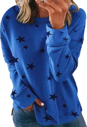 GRASWE Womens Casual Lightweight Sweatshirts Star Print Side Split Pullover Fashion Long Sleeve Tops