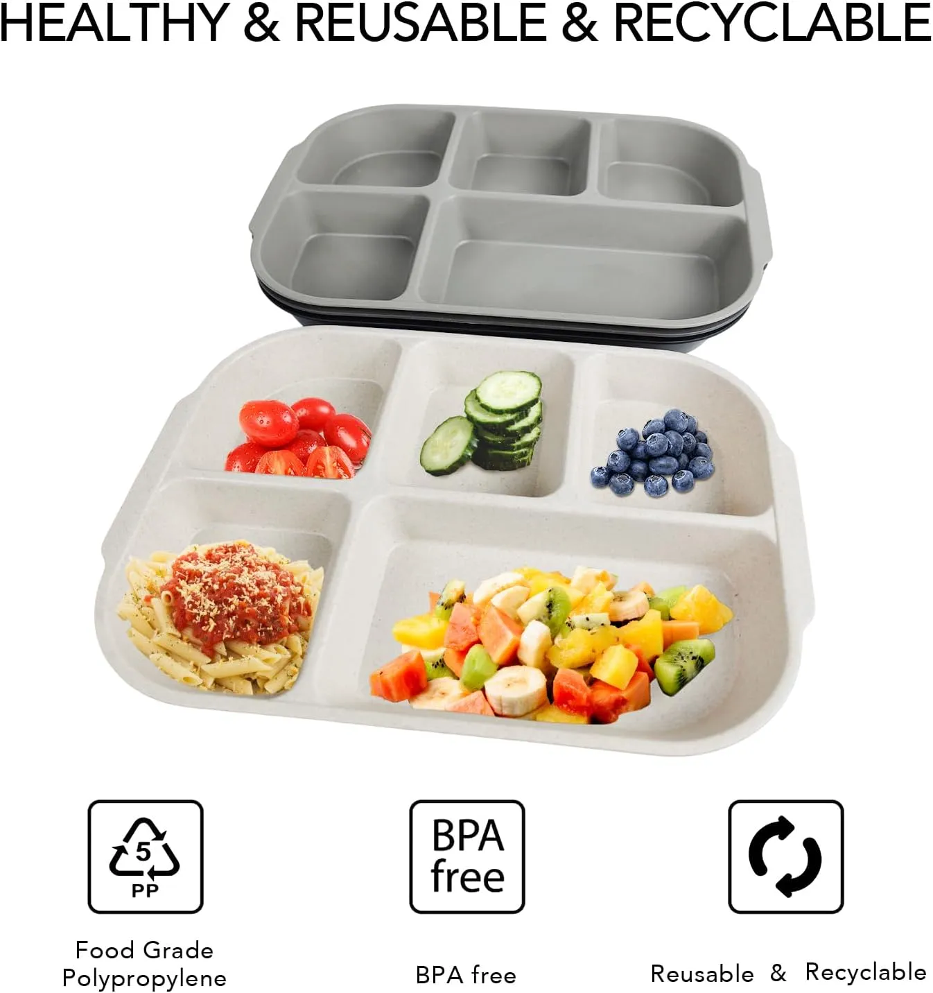 greenandlife 10.8 Inch 4PCS Divided Plates for Kids Adults, Portion Control Plates, Dishwasher & Microwave Safe Compartment Plate, Unbreakable Lightweight Reusable Wheat Straw Plates, Grey Black