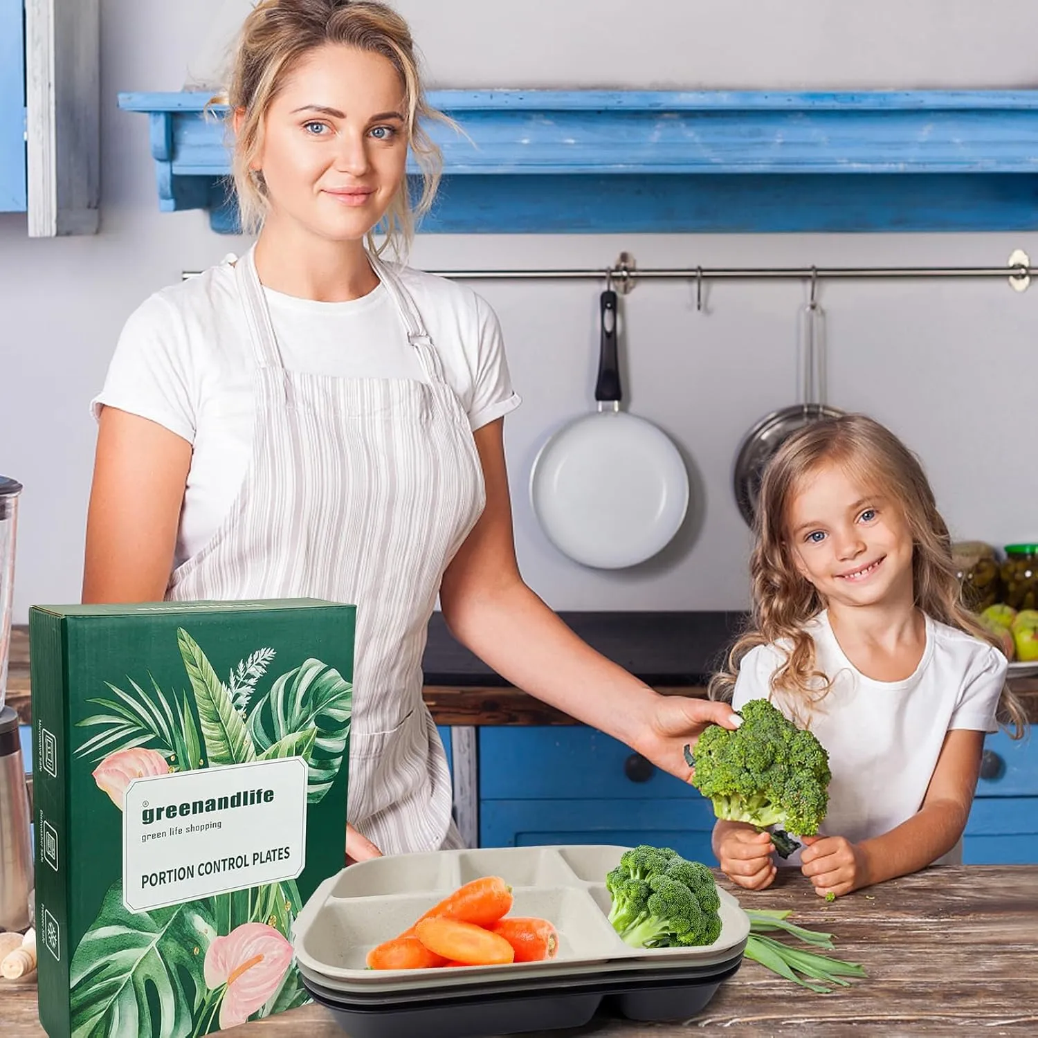 greenandlife 10.8 Inch 4PCS Divided Plates for Kids Adults, Portion Control Plates, Dishwasher & Microwave Safe Compartment Plate, Unbreakable Lightweight Reusable Wheat Straw Plates, Grey Black