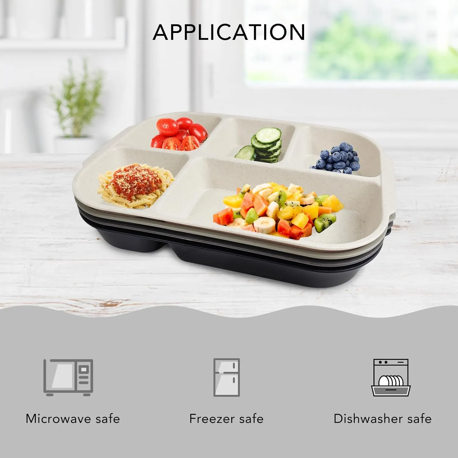 greenandlife 10.8 Inch 4PCS Divided Plates for Kids Adults, Portion Control Plates, Dishwasher & Microwave Safe Compartment Plate, Unbreakable Lightweight Reusable Wheat Straw Plates, Grey Black
