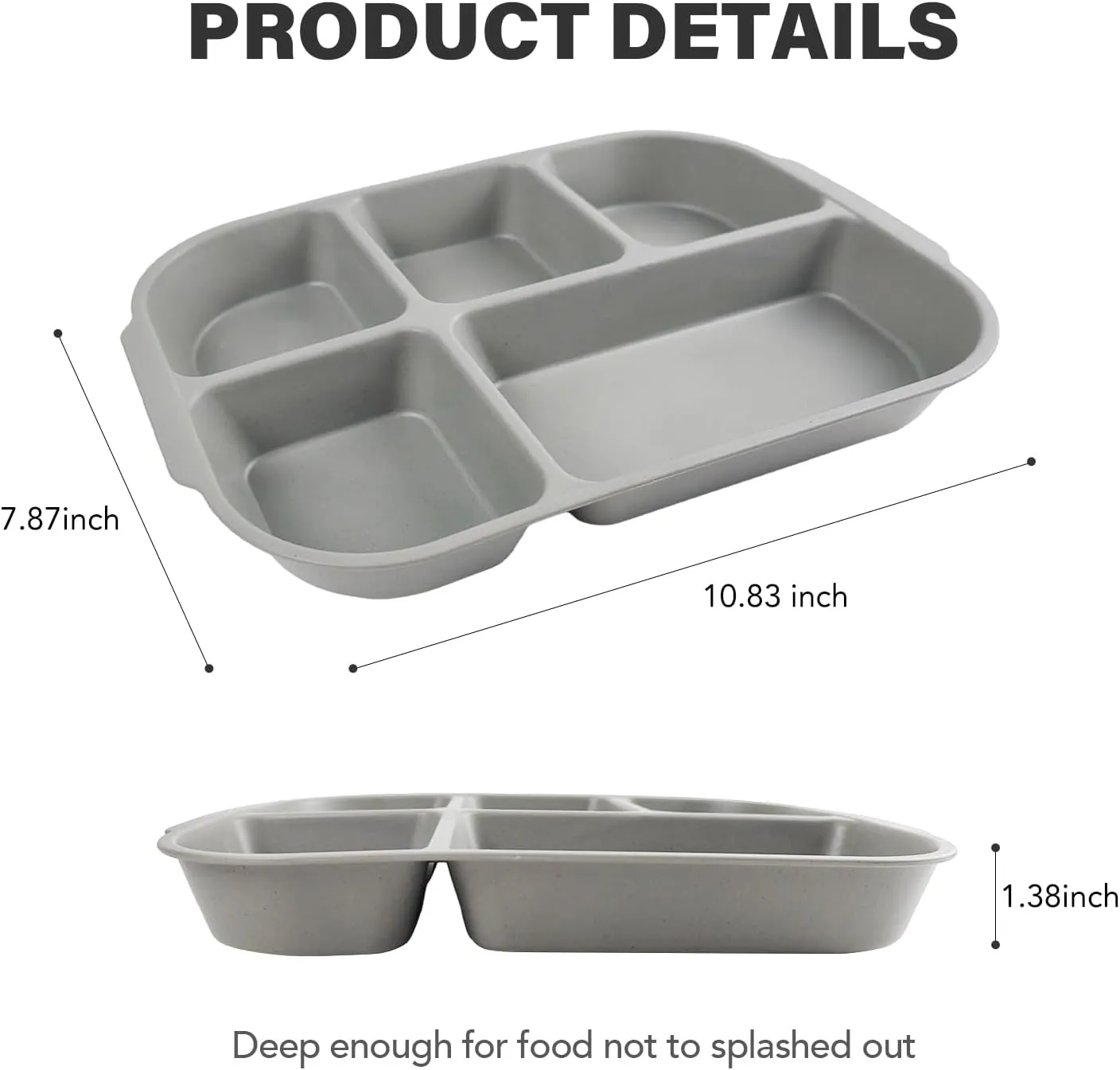 greenandlife 10.8 Inch 4PCS Divided Plates for Kids Adults, Portion Control Plates, Dishwasher & Microwave Safe Compartment Plate, Unbreakable Lightweight Reusable Wheat Straw Plates, Grey Black