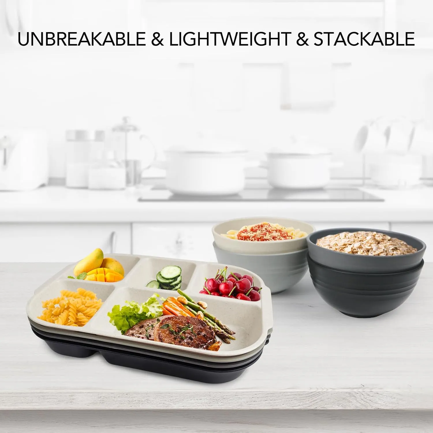 greenandlife 10.8 Inch 4PCS Divided Plates for Kids Adults, Portion Control Plates, Dishwasher & Microwave Safe Compartment Plate, Unbreakable Lightweight Reusable Wheat Straw Plates, Grey Black