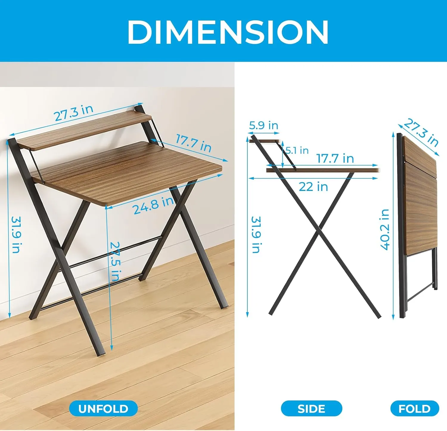 GreenForest Folding Desk No Assembly Required Small Size, 2-Tier Foldable Computer Desk with Shelf for Home Office, Space Saving Portable Laptop Study Foldable Table for Small Spaces, Espresso