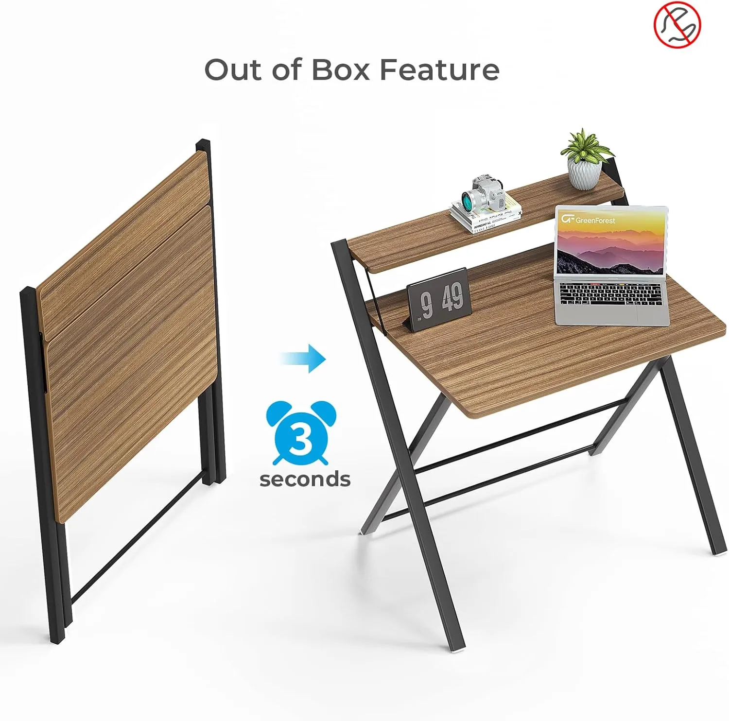 GreenForest Folding Desk No Assembly Required Small Size, 2-Tier Foldable Computer Desk with Shelf for Home Office, Space Saving Portable Laptop Study Foldable Table for Small Spaces, Espresso