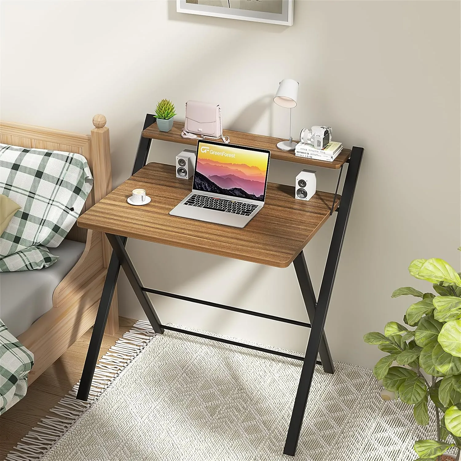 GreenForest Folding Desk No Assembly Required Small Size, 2-Tier Foldable Computer Desk with Shelf for Home Office, Space Saving Portable Laptop Study Foldable Table for Small Spaces, Espresso