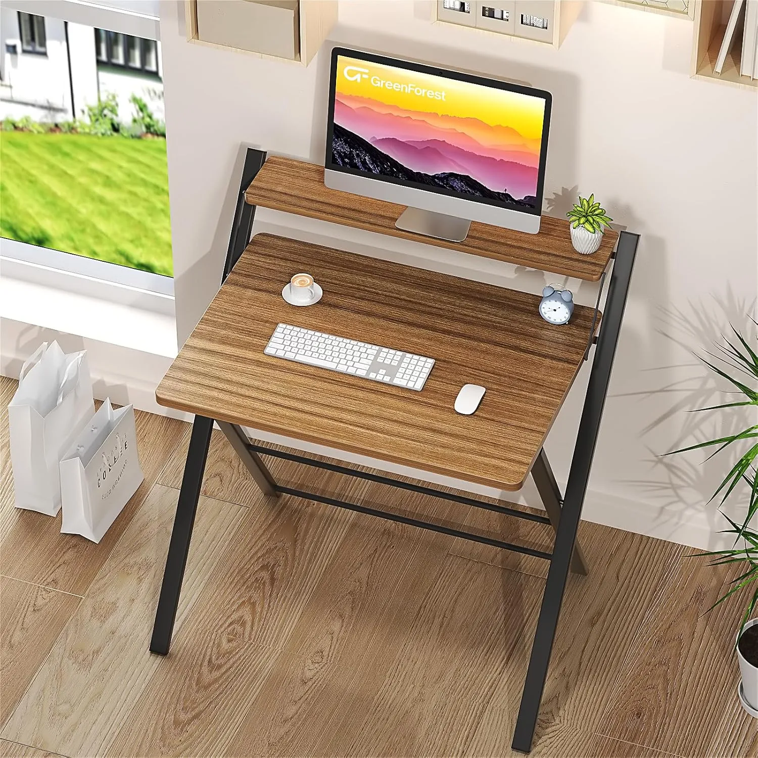 GreenForest Folding Desk No Assembly Required Small Size, 2-Tier Foldable Computer Desk with Shelf for Home Office, Space Saving Portable Laptop Study Foldable Table for Small Spaces, Espresso
