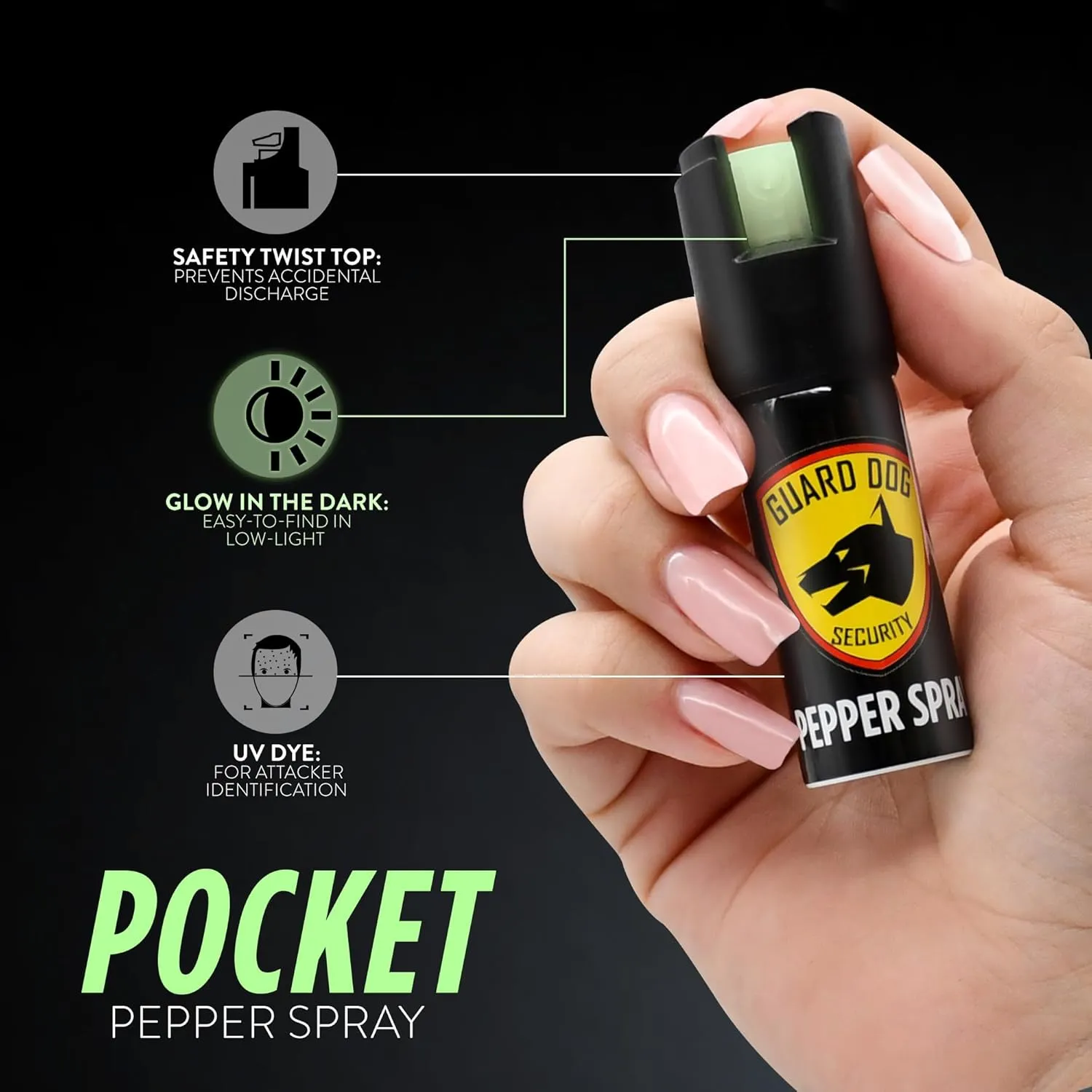 Guard Dog Security Pepper Spray Glow in The Dark - Quick Release, UV Dye, Twist Top - Compact Size, Police Grade Formula - Best Self Defense Tool for Women - Up to 16 Feet