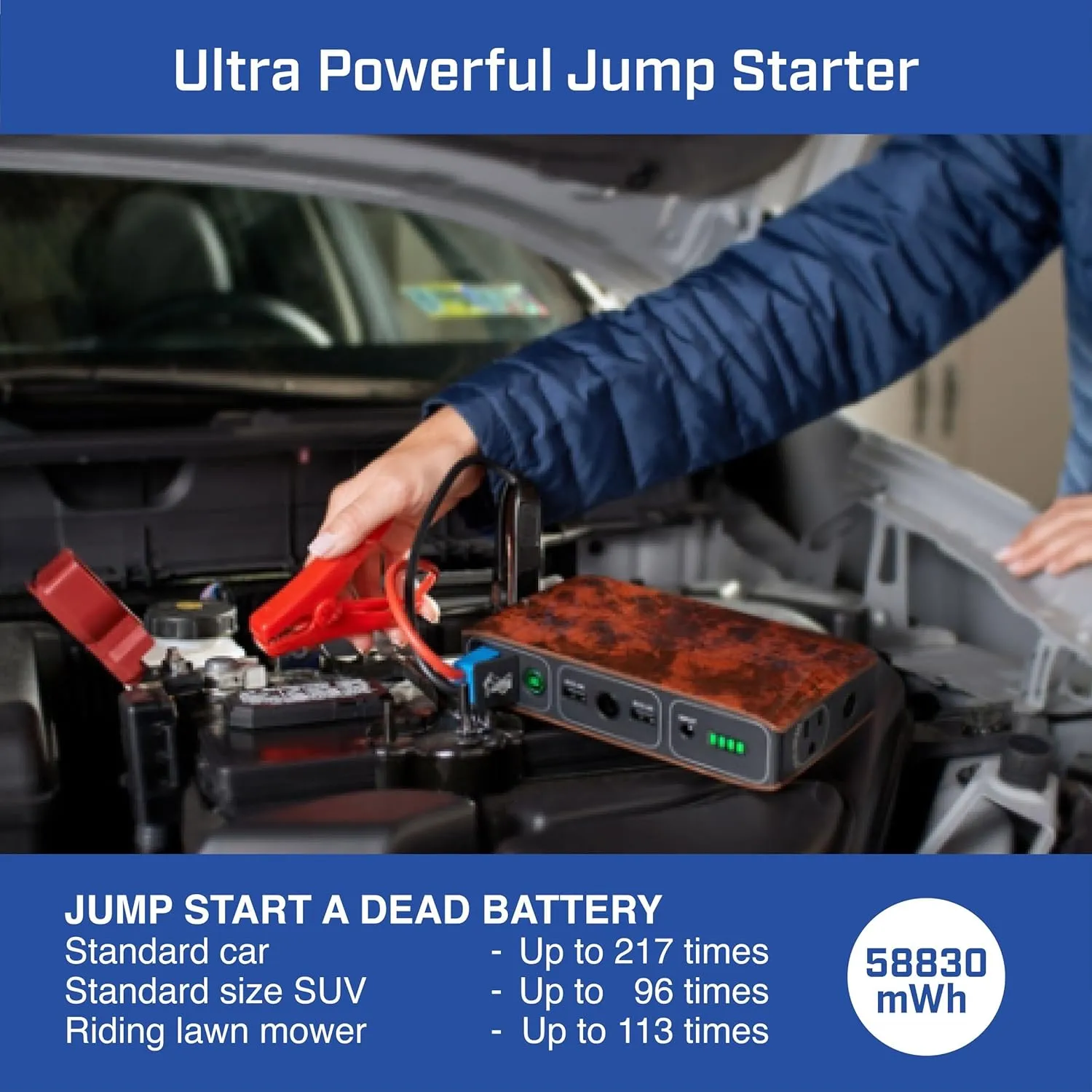 HALO Bolt 58830 ACDC Portable Car Battery Jump Starter | 58.8Wh USB Power Bank with AC Outlet, Emergency Floodlight & Charger, Jump Cars SUVs & Trucks, Power Phones & Laptops, TSA Approved — Rose Gold