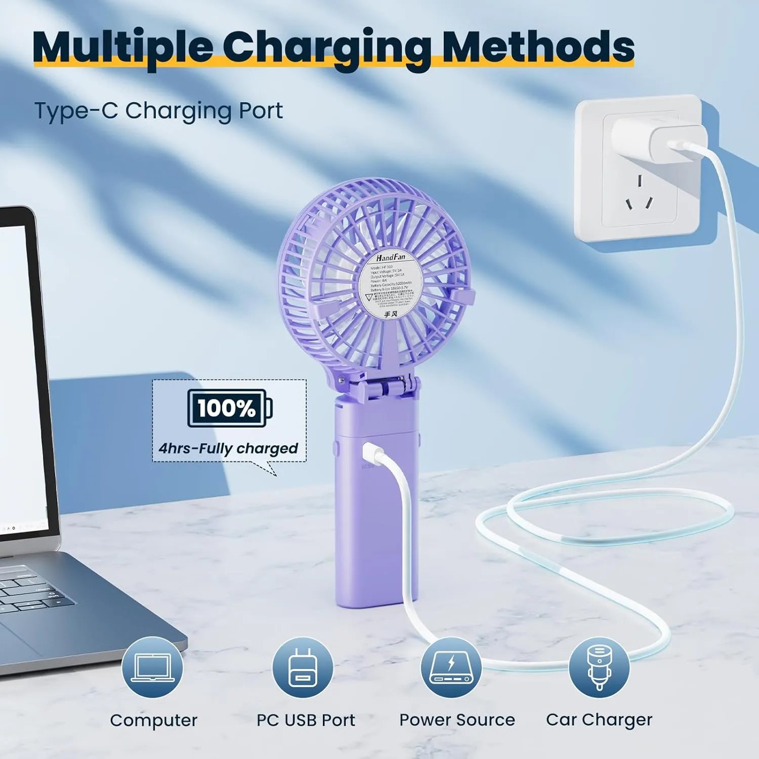 HandFan 5200mAh Handheld Fan Rechargeable, 20H Runtime Hand Fan, 3 Speeds Strong Airflow, Personal 180° Foldable Portable Fan for Travel/Summer/Concerts/Lash/Commute, Gifts for Women (Purple)