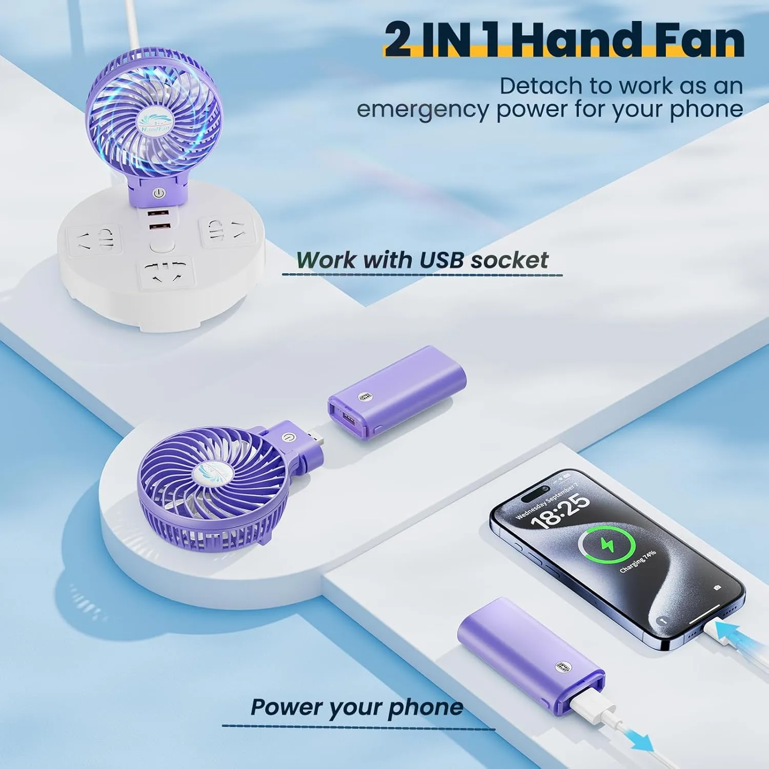 HandFan 5200mAh Handheld Fan Rechargeable, 20H Runtime Hand Fan, 3 Speeds Strong Airflow, Personal 180° Foldable Portable Fan for Travel/Summer/Concerts/Lash/Commute, Gifts for Women (Purple)