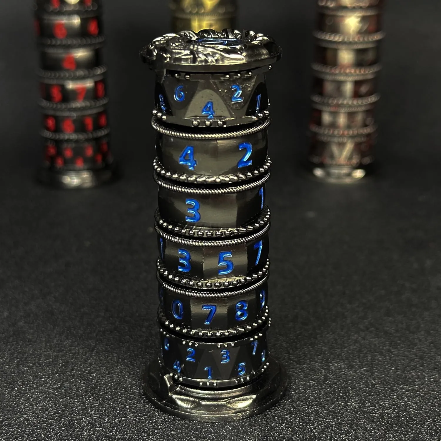 HAOMEJA Pagoda 7 in 1 DND Set, Metal Roulette with Dragon Eye Bag, RPG Gaming Dice - Black & Blue