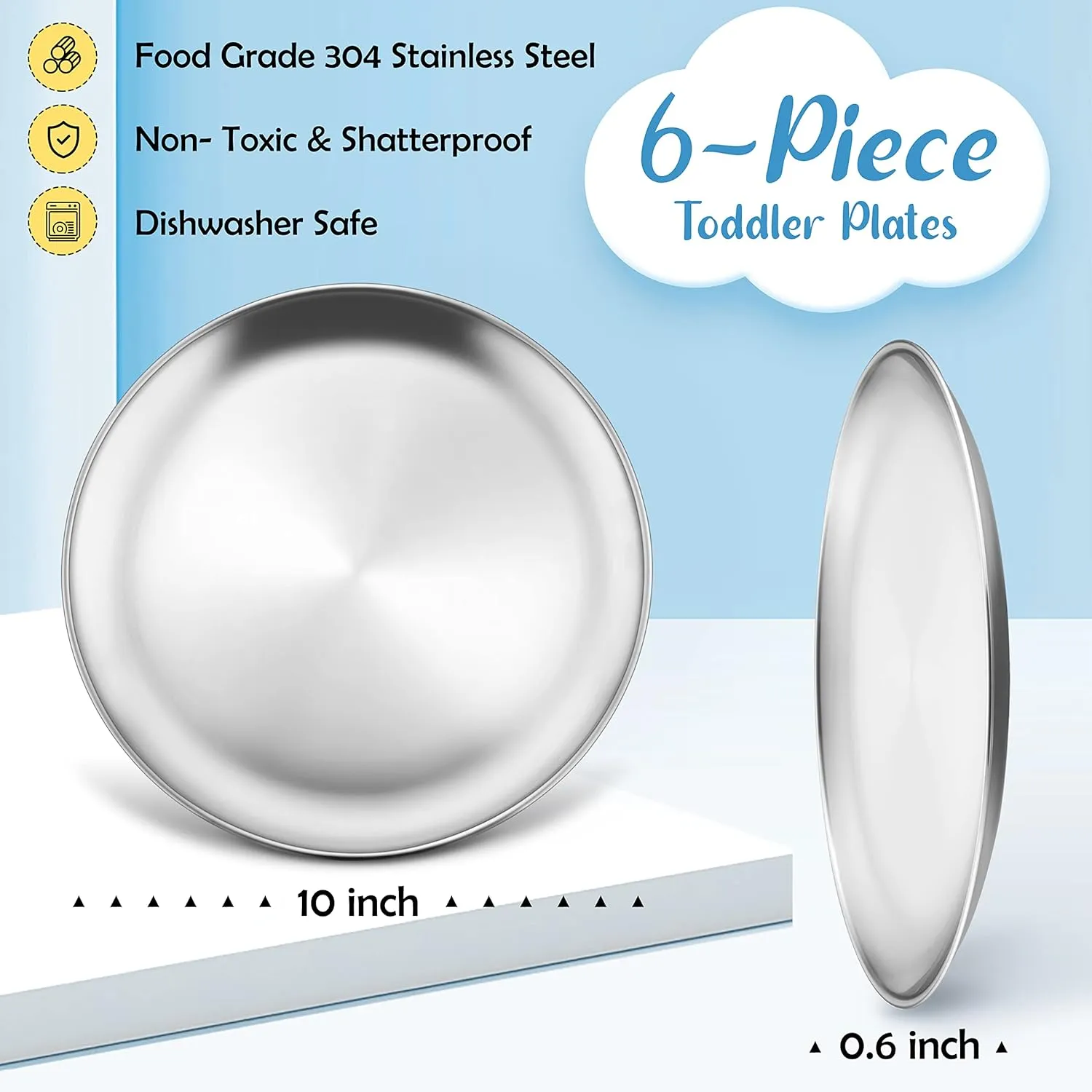 HaWare 6-Piece 18/8 Kids Plates, Stainless Steel 304 Dinner Dishes for Toddlers Children, 10 Inches Feeding Serving Camping Metal Plates, Reusable Dinnerware, Shatterproof & Non-toxic, Dishwasher Safe