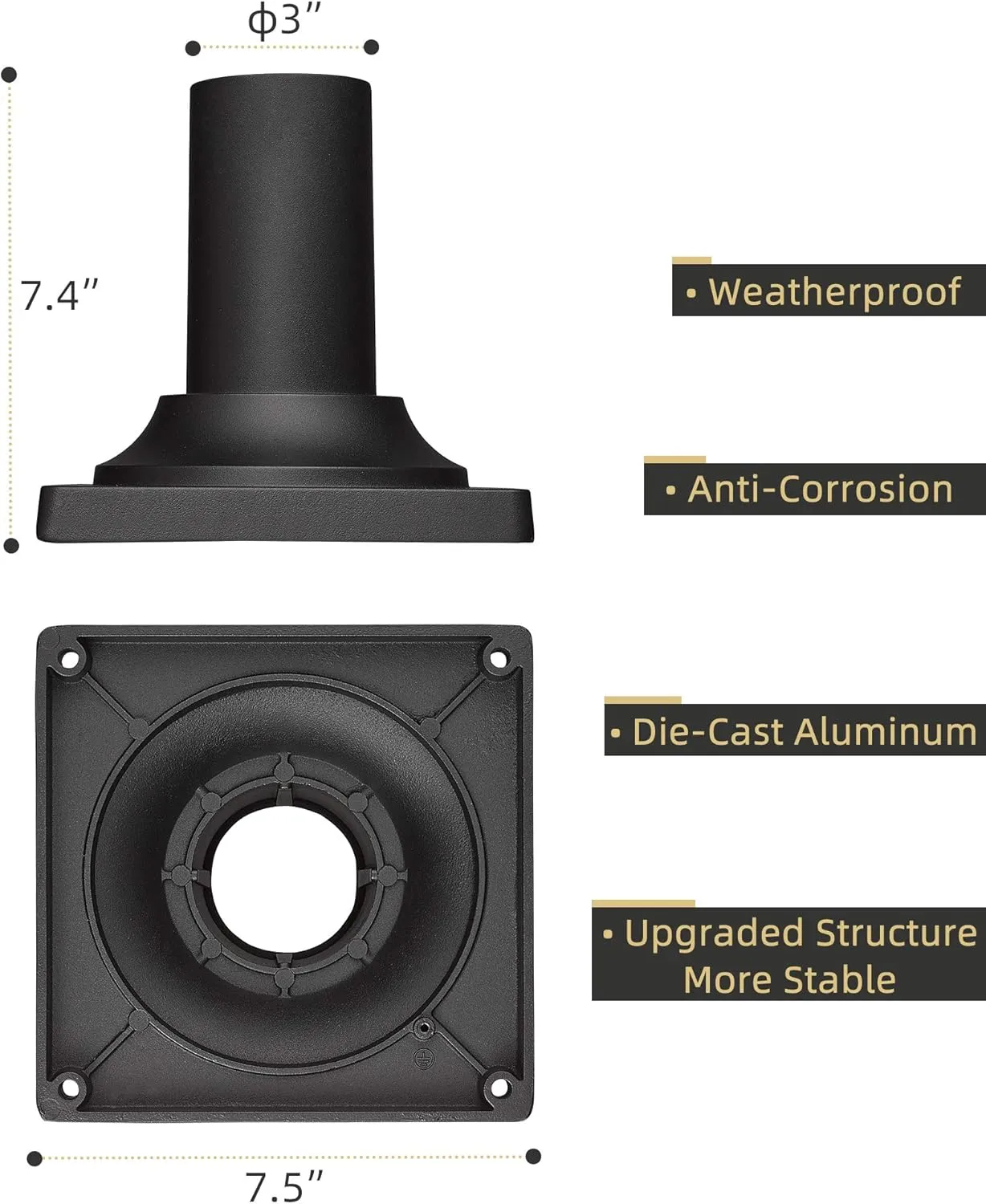 Heavy Duty Post Light Adapter, HWH Cast Aluminum Pier Mount Base 3'', Sand Black, 5HW38PA BK