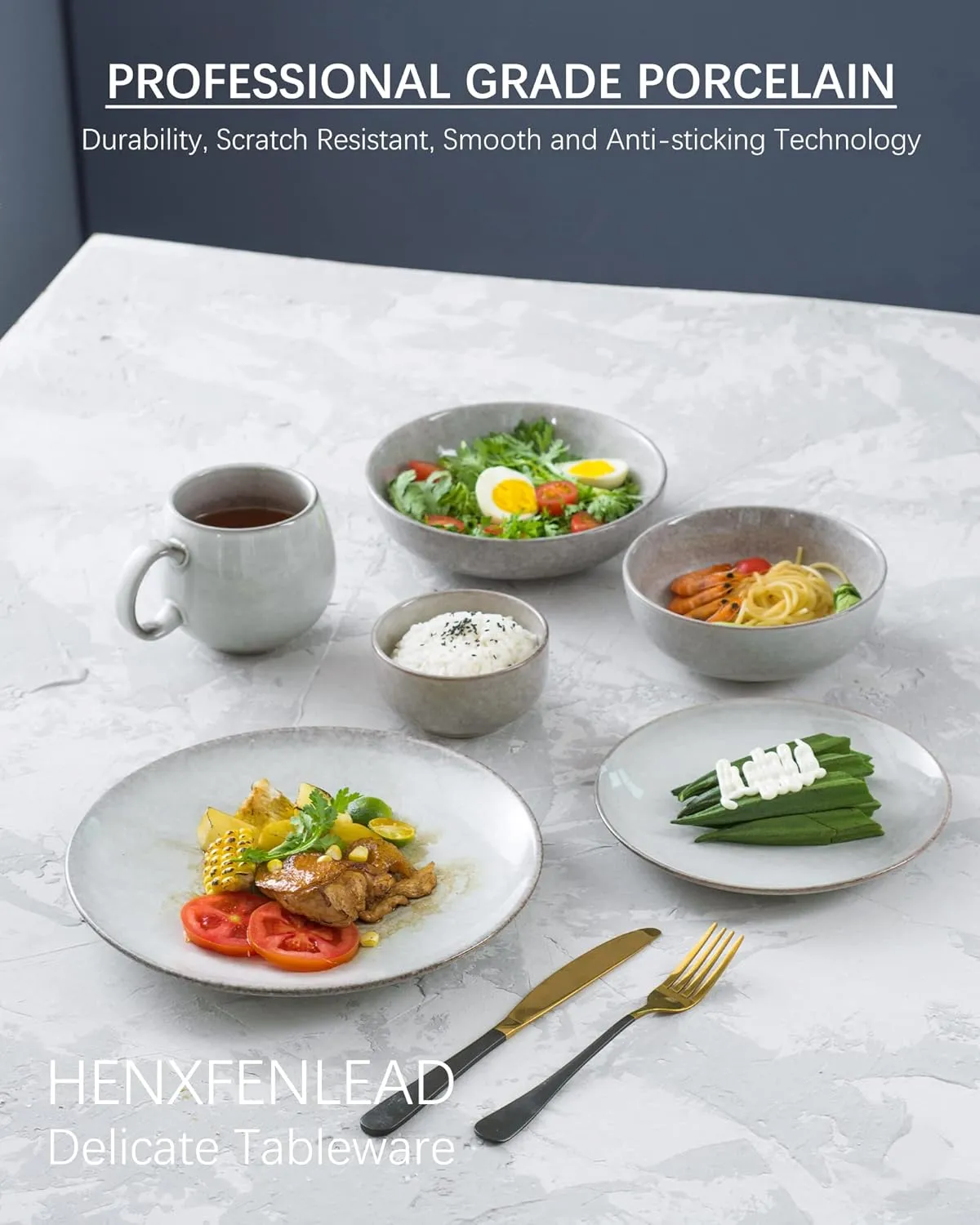 HENXFEN LEAD Dessert, Salad Plates 8 Inch, Porcelain Serving Dishes for Appetizers, Snacks, Pancakes - Kitchen Dinnerware Set Dishwasher, Microwave Safe, Grayish-White