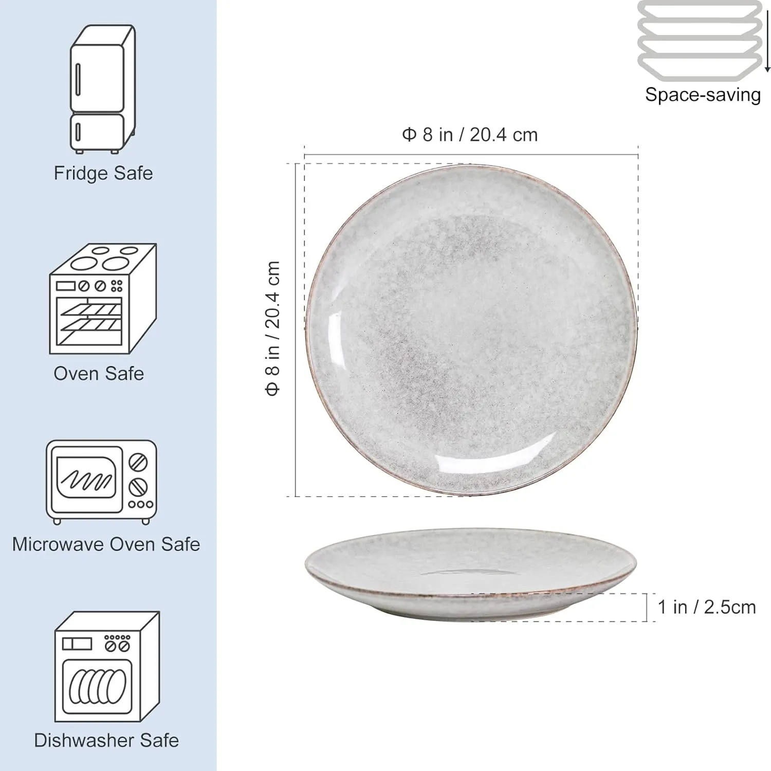 HENXFEN LEAD Dessert, Salad Plates 8 Inch, Porcelain Serving Dishes for Appetizers, Snacks, Pancakes - Kitchen Dinnerware Set Dishwasher, Microwave Safe, Grayish-White