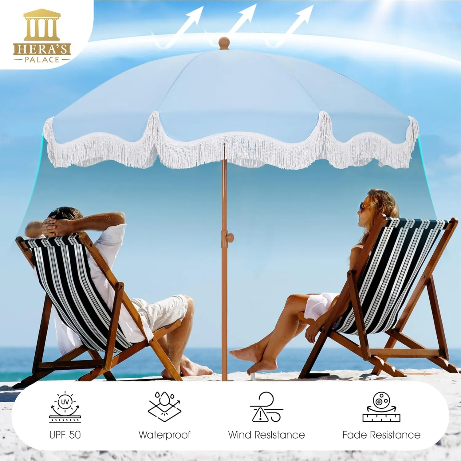 HERA'S PALACE 7ft Heavy Duty Beach Umbrella with Sand Anchor, Fringe Umbrella for Sand, UV 50 , Patio Umbrella with Tilt Pole for Garden Pool Backyard