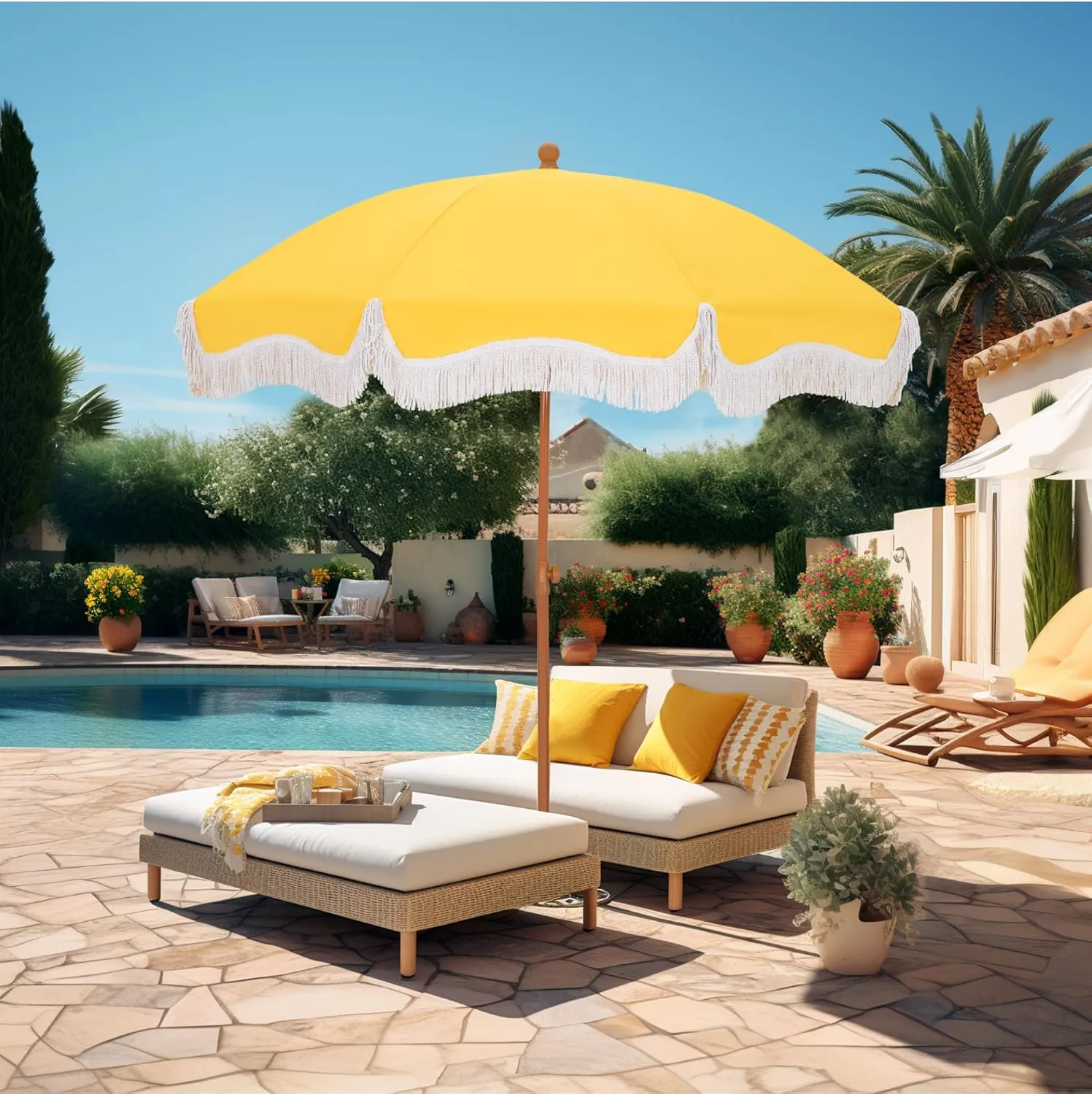 HERA'S PALACE 7ft Heavy Duty Beach Umbrella with Sand Anchor, Fringe Umbrella for Sand, UV 50 , Patio Umbrella with Tilt Pole for Garden Pool Backyard