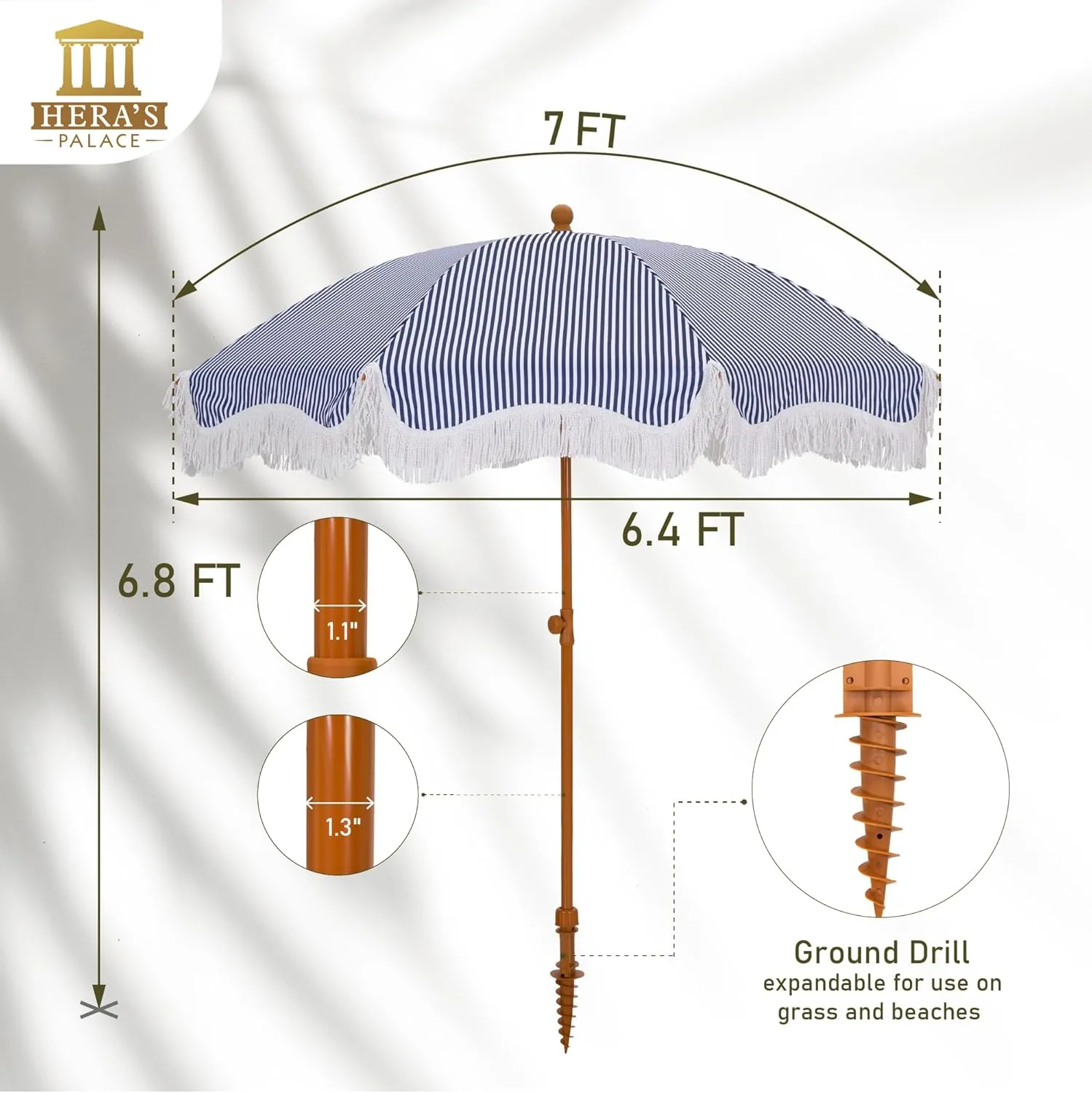 HERA'S PALACE 7ft Heavy Duty Beach Umbrella with Sand Anchor, Fringe Umbrella for Sand, UV 50 , Patio Umbrella with Tilt Pole for Garden Pool Backyard