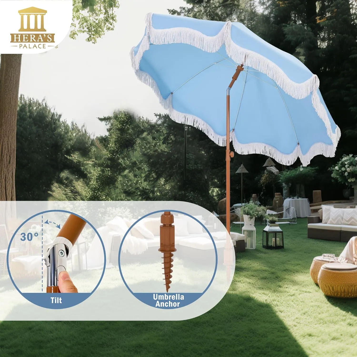 HERA'S PALACE 7ft Heavy Duty Beach Umbrella with Sand Anchor, Fringe Umbrella for Sand, UV 50 , Patio Umbrella with Tilt Pole for Garden Pool Backyard