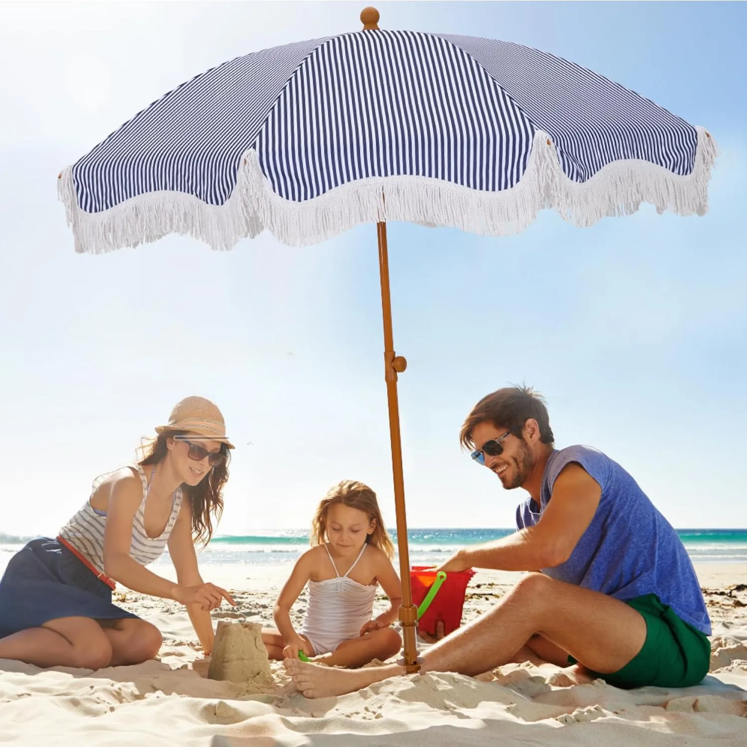 HERA'S PALACE 7ft Heavy Duty Beach Umbrella with Sand Anchor, Fringe Umbrella for Sand, UV 50 , Patio Umbrella with Tilt Pole for Garden Pool Backyard