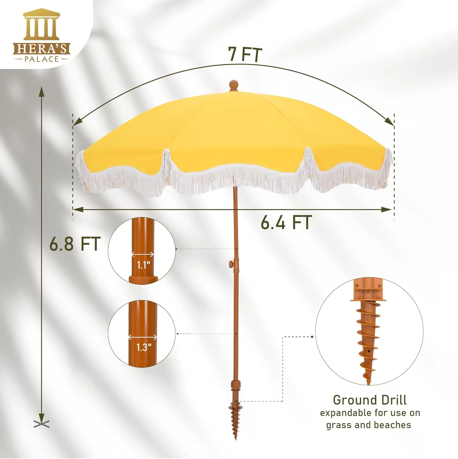 HERA'S PALACE 7ft Heavy Duty Beach Umbrella with Sand Anchor, Fringe Umbrella for Sand, UV 50 , Patio Umbrella with Tilt Pole for Garden Pool Backyard
