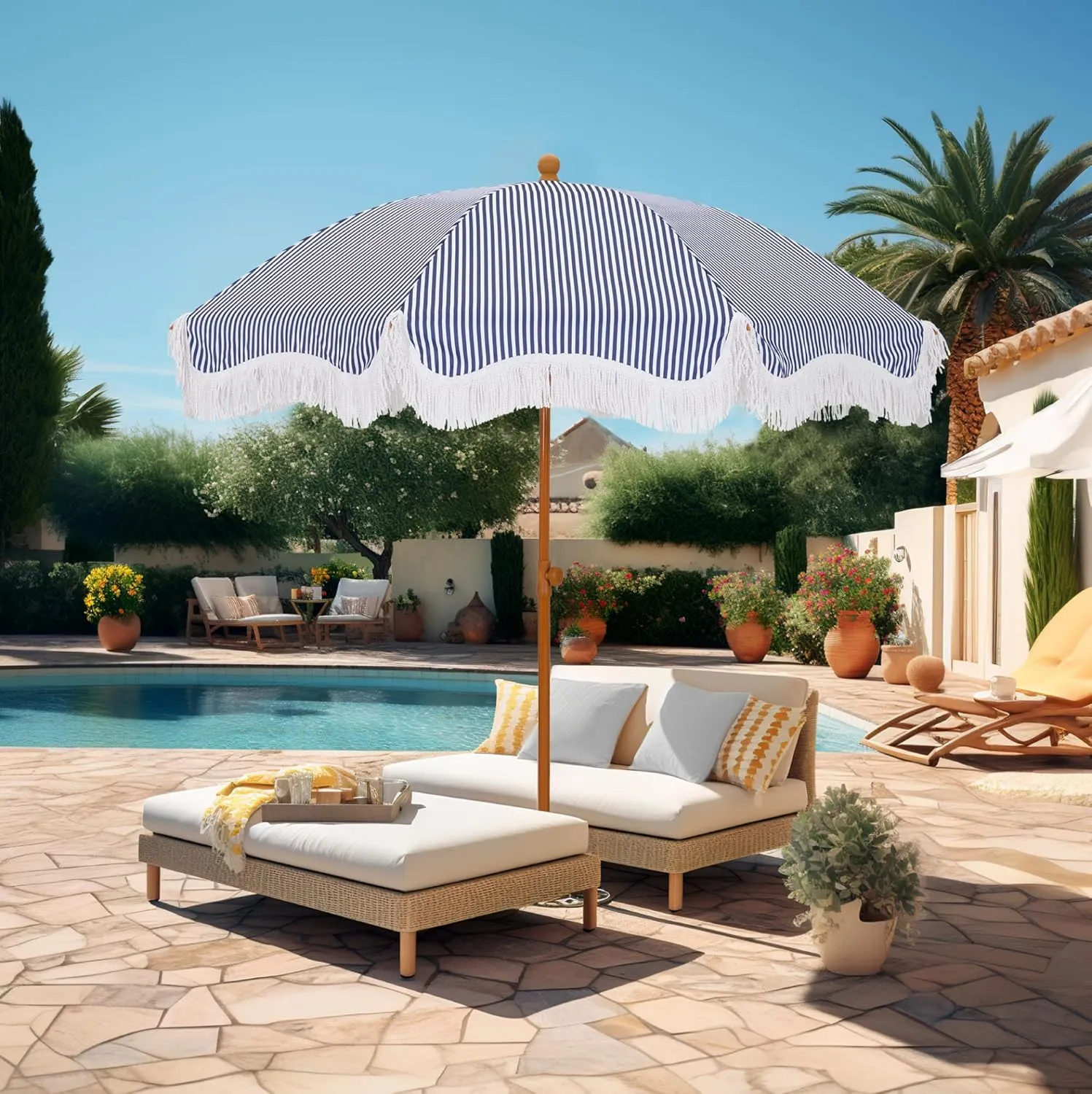 HERA'S PALACE 7ft Heavy Duty Beach Umbrella with Sand Anchor, Fringe Umbrella for Sand, UV 50 , Patio Umbrella with Tilt Pole for Garden Pool Backyard