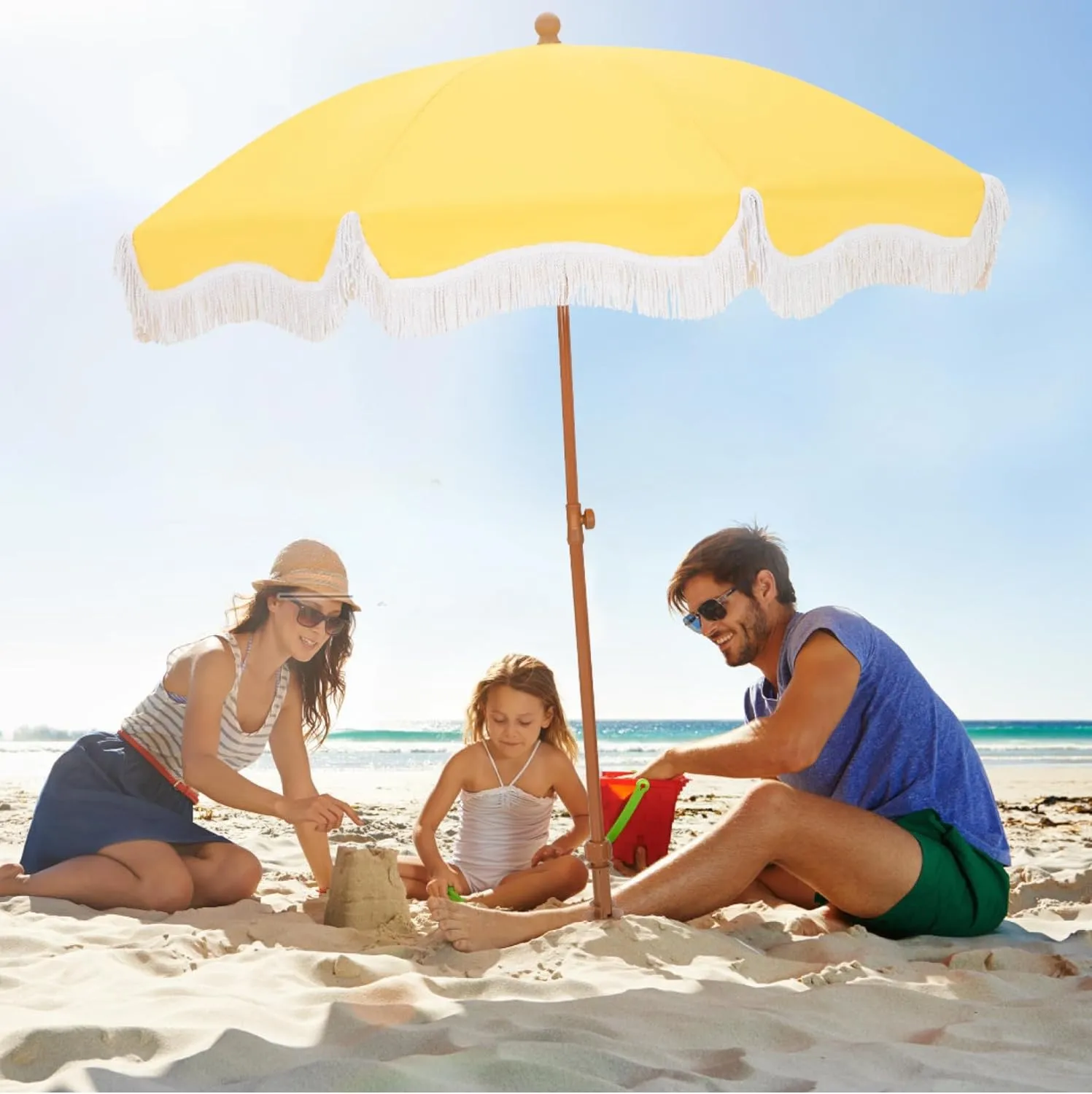 HERA'S PALACE 7ft Heavy Duty Beach Umbrella with Sand Anchor, Fringe Umbrella for Sand, UV 50 , Patio Umbrella with Tilt Pole for Garden Pool Backyard