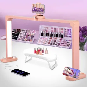 HITTI 2025 New Nail Light for Desk, 34 in Large Foldable Nail Tech Lamp with Phone Holder, Half Moon Table Light for Manicure/Lash Eyelash Extension/Tattoo/Beauty, Dimmable Brightness and Color-Pink