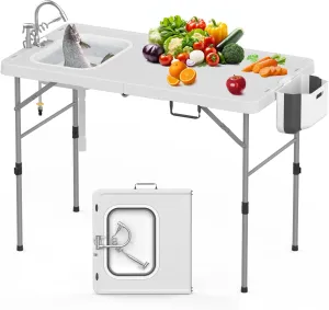 HLPB Fold in Half Folding Fish Cleaning Table with Sink, Foldable Protable Camping Sink Desk with Drainage Hose & Fish Cleaning Kit, Fish Fillet Cutting Table for Picnic Patio Backyard BBQ, White