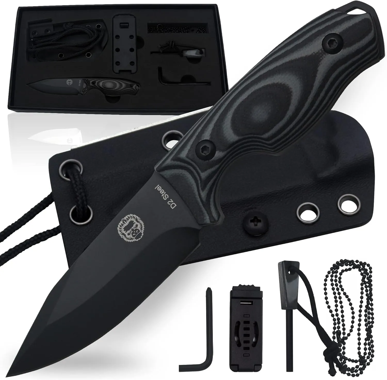 Holtzman's Gorilla Survival Baby Silverback Fixed Blade Hunting Knife with Kydex Sheath & Ferro Rod (Black Grey) - Ideal for Camping and Outdoor Adventures