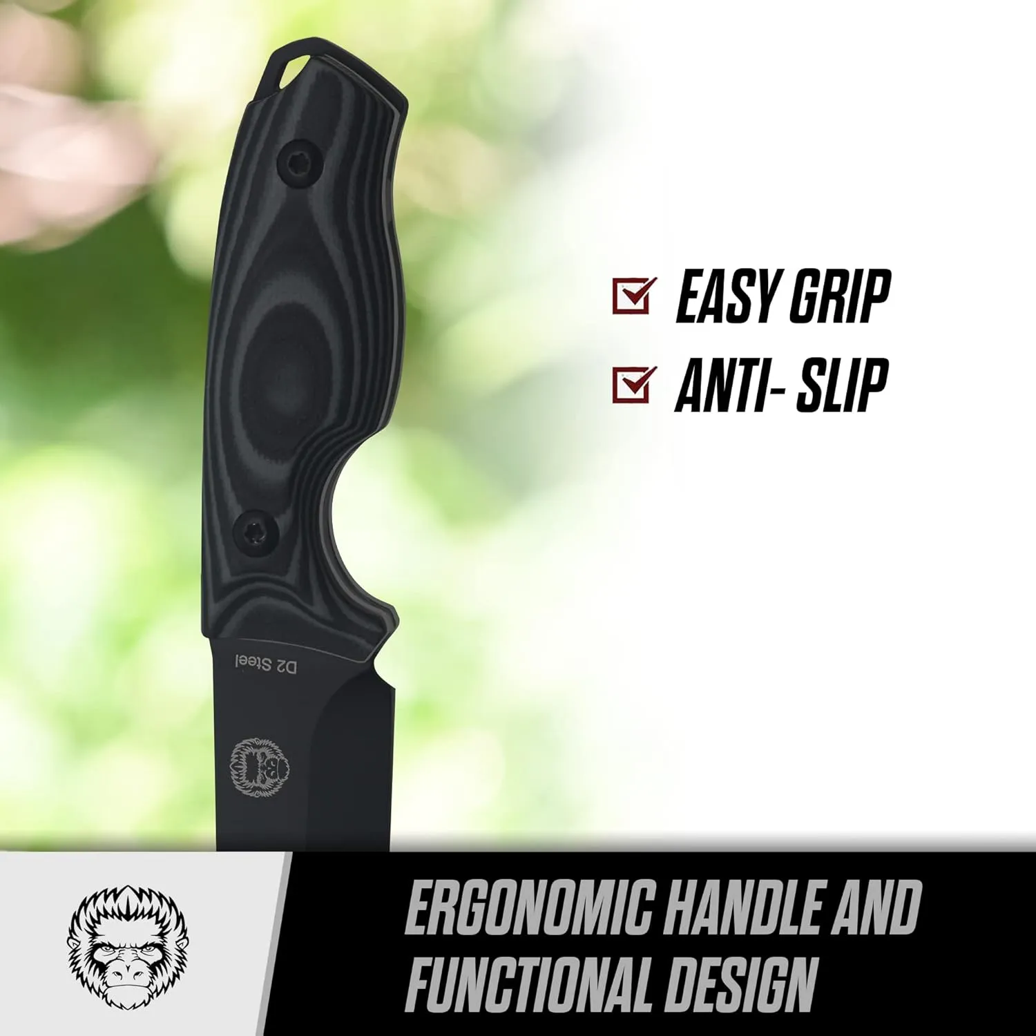 Holtzman's Gorilla Survival Baby Silverback Fixed Blade Hunting Knife with Kydex Sheath & Ferro Rod (Black Grey) - Ideal for Camping and Outdoor Adventures