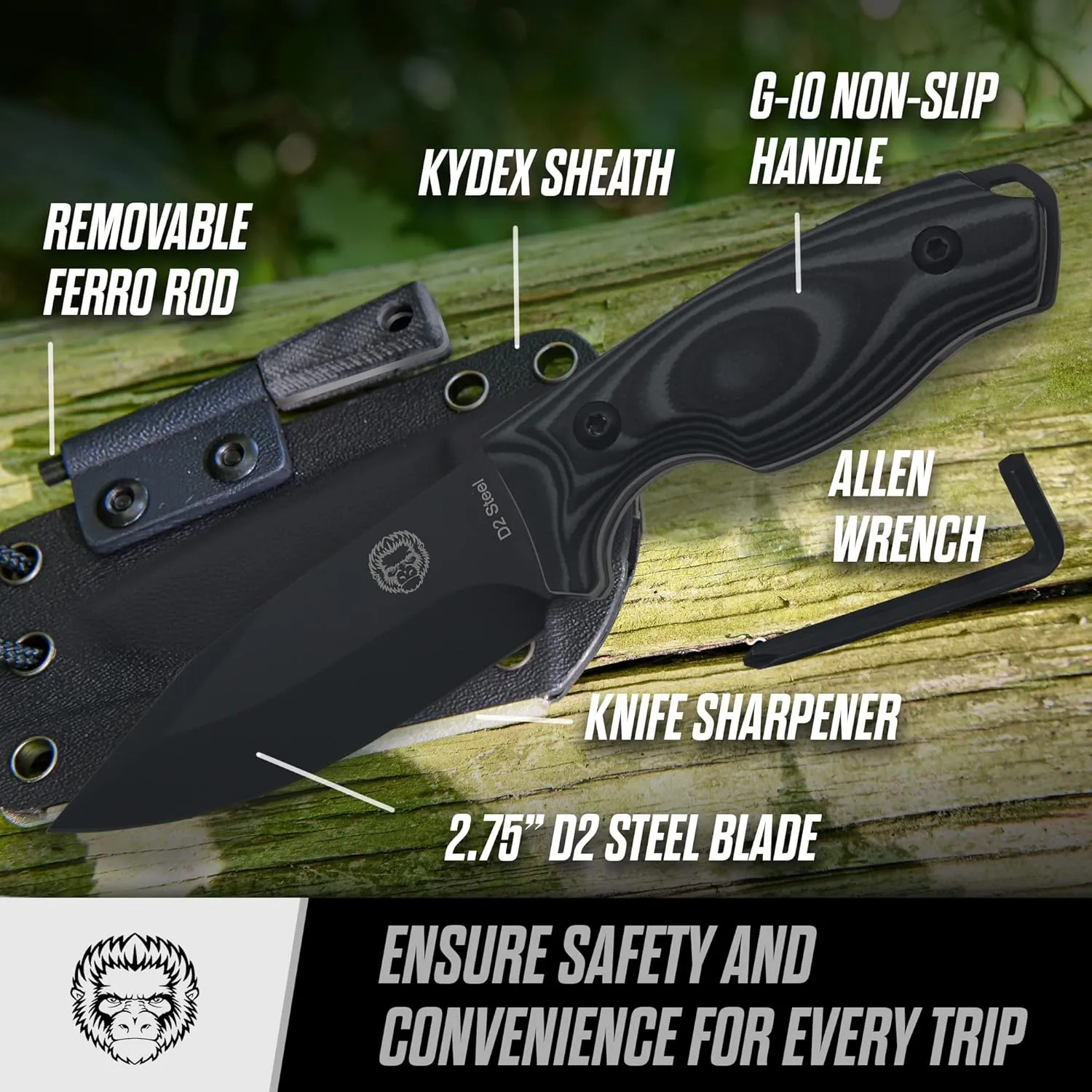 Holtzman's Gorilla Survival Baby Silverback Fixed Blade Hunting Knife with Kydex Sheath & Ferro Rod (Black Grey) - Ideal for Camping and Outdoor Adventures