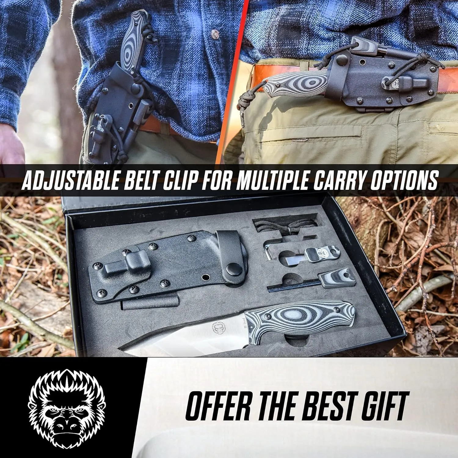 Holtzman's Gorilla Survival Silverback D2 Fixed Blade Survival Knife for Bushcraft & Hunting with Kydex Sheath - Durable and Versatile