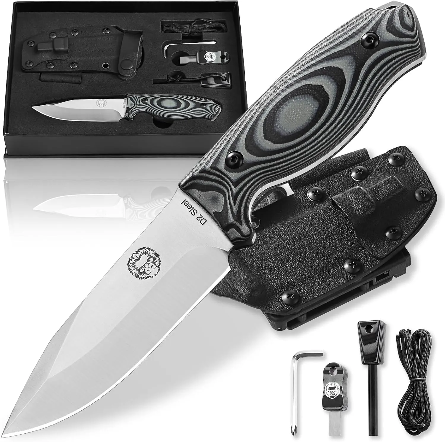 Holtzman's Gorilla Survival Silverback D2 Fixed Blade Survival Knife for Bushcraft & Hunting with Kydex Sheath - Durable and Versatile