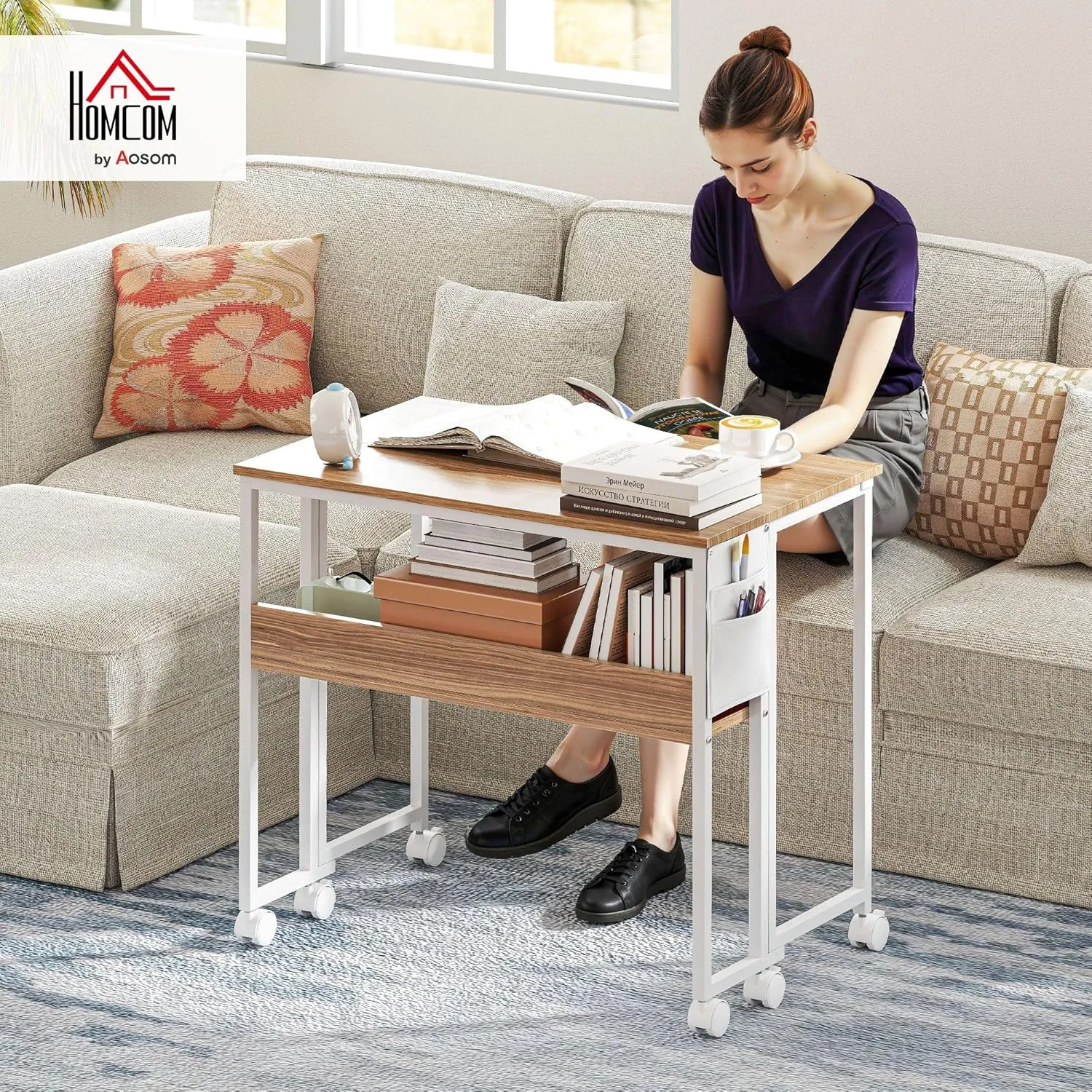 HOMCOM Small Folding Desk, Rolling Computer Desk Foldable with Storage Bag and Shelf, 31.5" Portable Writing Table on Wheels for Small Spaces, Home Office, Study, Easy Assembly, Natural Wood