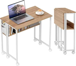 HOMCOM Small Folding Desk, Rolling Computer Desk Foldable with Storage Bag and Shelf, 31.5" Portable Writing Table on Wheels for Small Spaces, Home Office, Study, Easy Assembly, Natural Wood