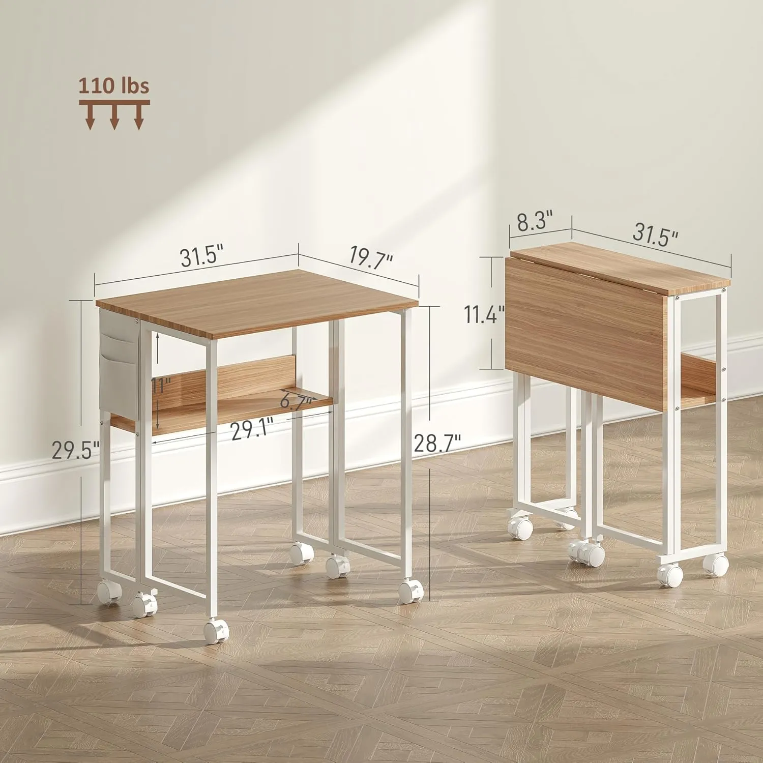 HOMCOM Small Folding Desk, Rolling Computer Desk Foldable with Storage Bag and Shelf, 31.5" Portable Writing Table on Wheels for Small Spaces, Home Office, Study, Easy Assembly, Natural Wood