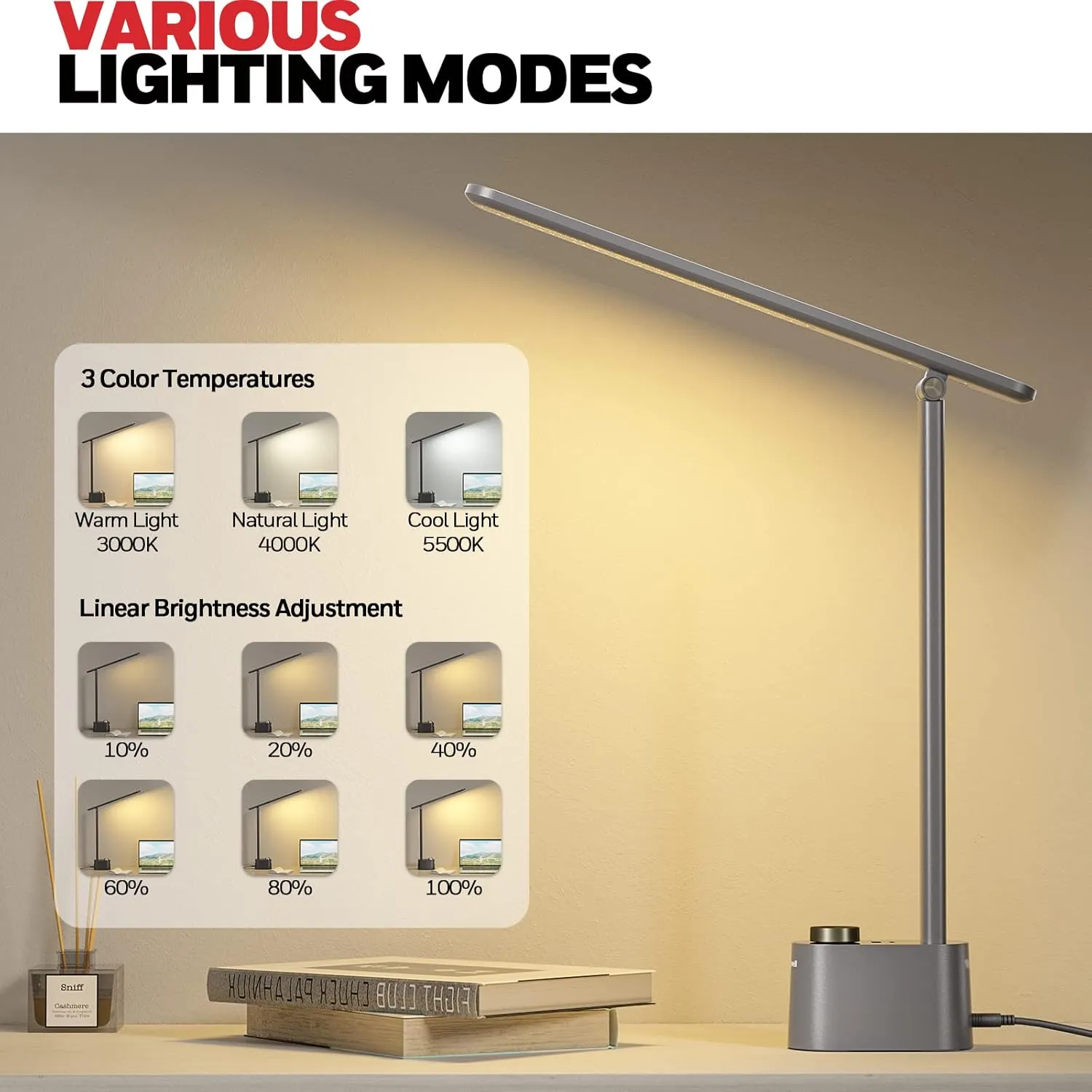 Honeywell HWT-H01 LED Desk Lamp Stepless Dimmable Table Lamp with USB A C Dual Charging Port Eye-Caring Foldable Desk Light with 3 Color Modes for Home Office Bedroom Reading Study Sunturalux (Gray)