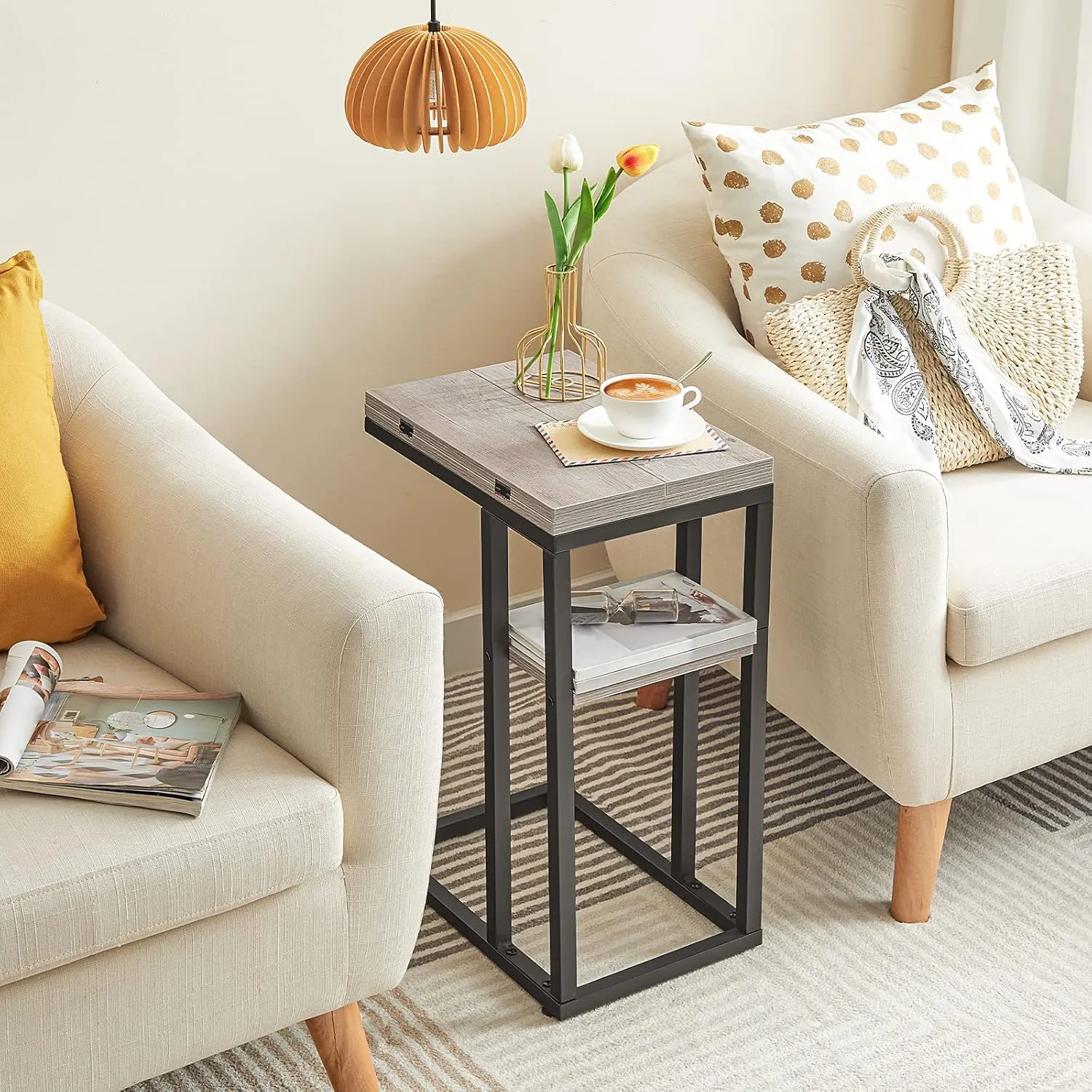 HOOBRO Foldable End Table, C Shaped Side Table with Storage Shelf, Small Snack Table Suitable for Living Room Bedroom Small Spaces, Easy Assembly, Greige and Black BG29SF01
