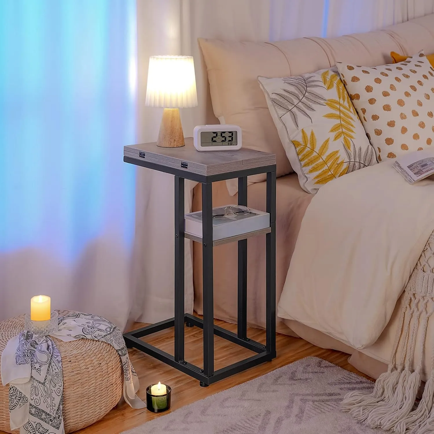 HOOBRO Foldable End Table, C Shaped Side Table with Storage Shelf, Small Snack Table Suitable for Living Room Bedroom Small Spaces, Easy Assembly, Greige and Black BG29SF01