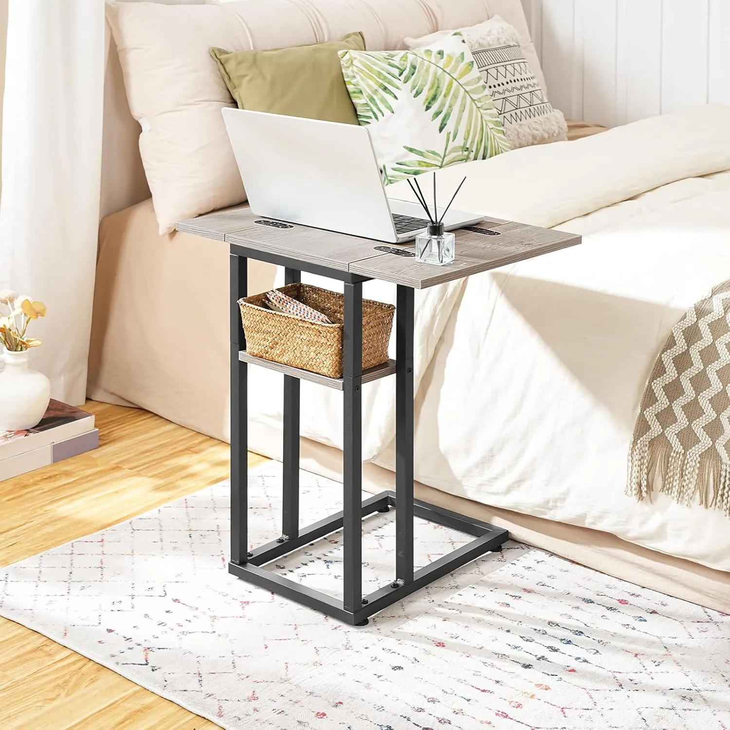 HOOBRO Foldable End Table, C Shaped Side Table with Storage Shelf, Small Snack Table Suitable for Living Room Bedroom Small Spaces, Easy Assembly, Greige and Black BG29SF01