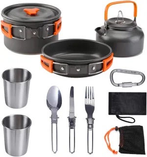 Hoofun 11 Pcs Camping Cookwares Mess Kit Gear Campfire Utensils Non-Stick Cooking Equipment Lightweight Stackable Pot Pan Bowls with Storage Bag
