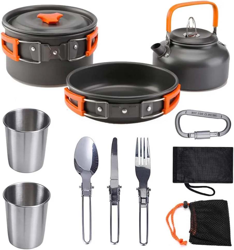 Hoofun 11 Pcs Camping Cookwares Mess Kit Gear Campfire Utensils Non-Stick Cooking Equipment Lightweight Stackable Pot Pan Bowls with Storage Bag