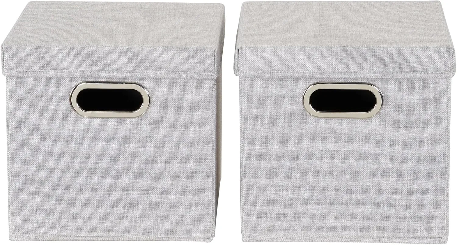 Household Essentials 804-1 Café Cube Bin Storage Set with Lids and Handles | 2 Pack | Silver Linen