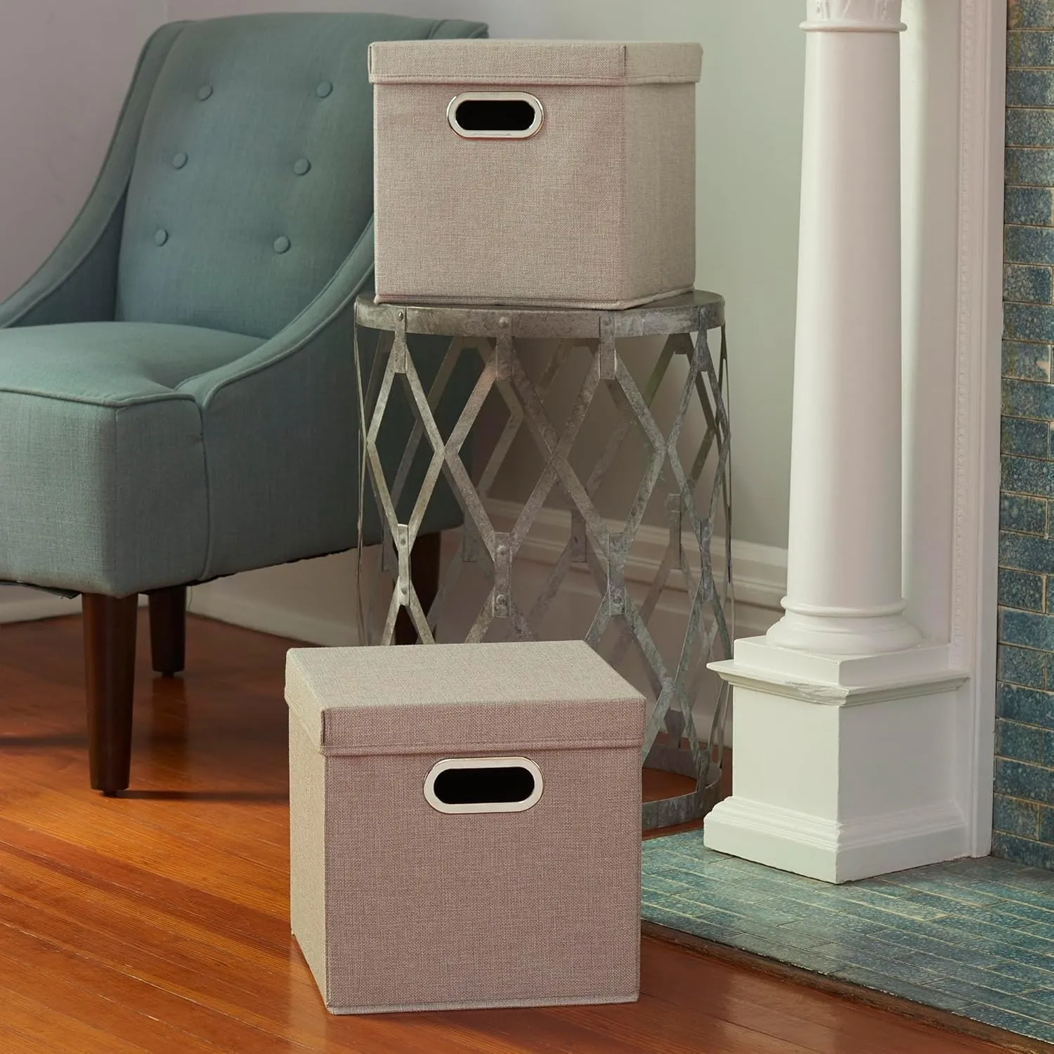 Household Essentials 804-1 Café Cube Bin Storage Set with Lids and Handles | 2 Pack | Silver Linen